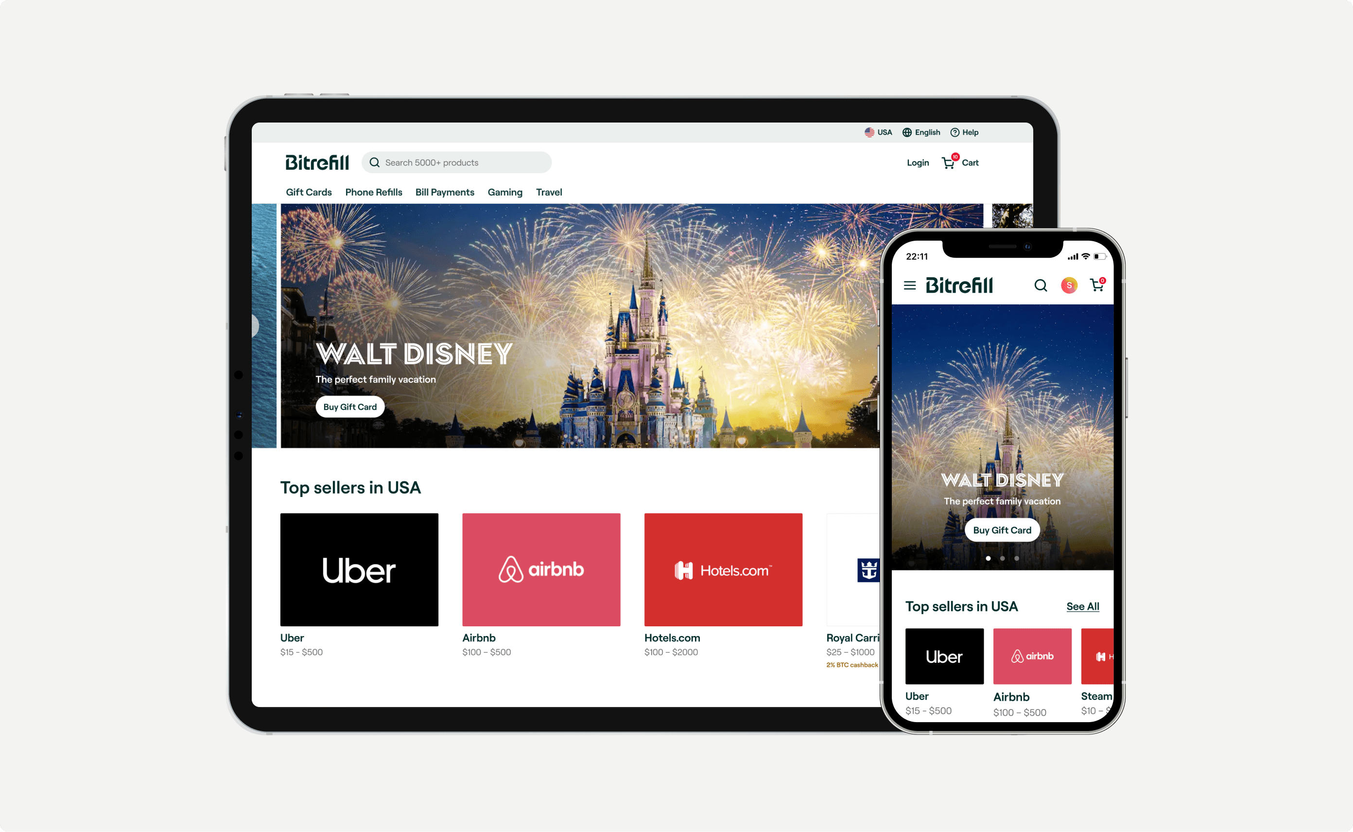 Bitrefill travel landing page