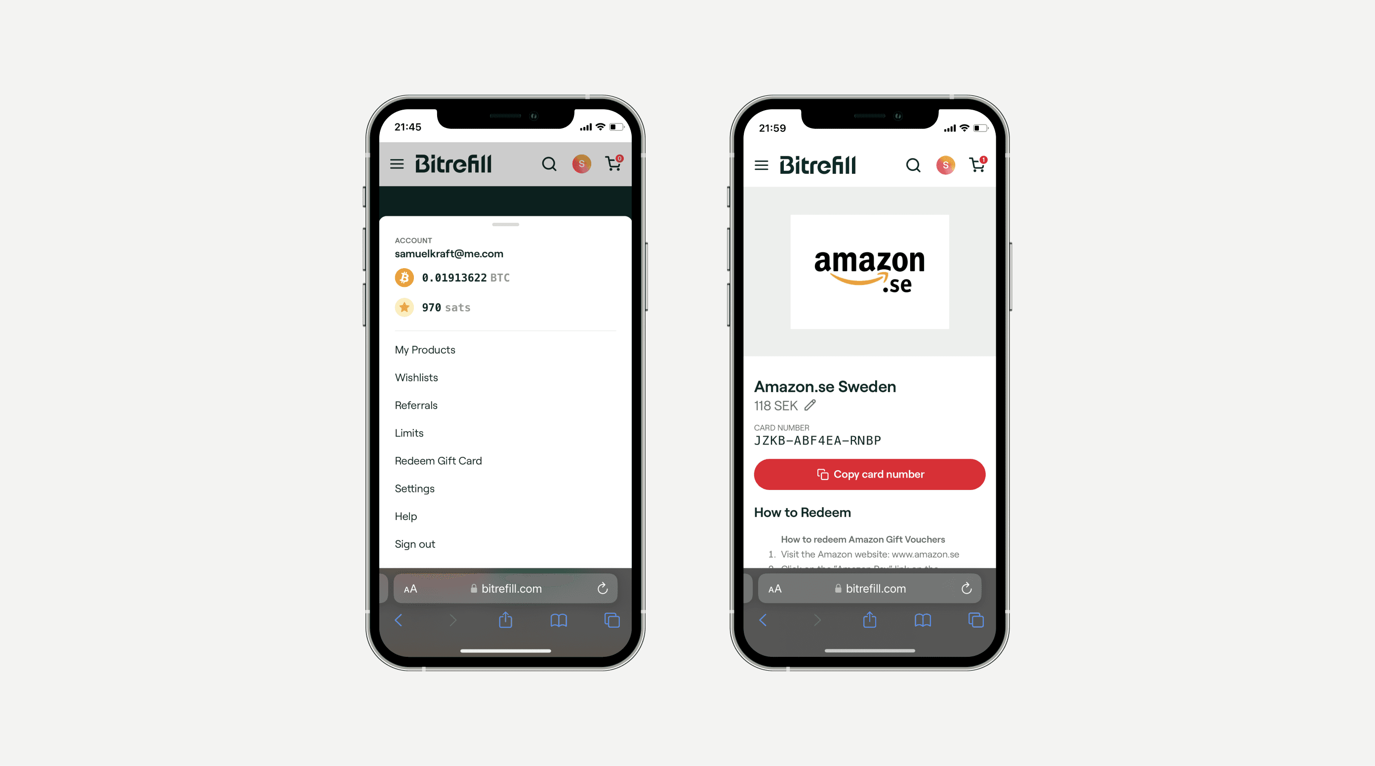 Bitrefill user menu & gift card